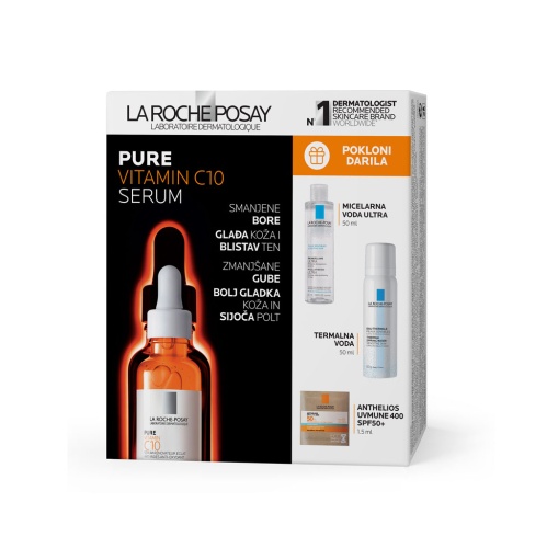 La Roche Posay paket Pure vitamin C serum 30 ml + Micelarna voda ultra 50 ml + Termalna voda 50 ml + Anthelios UVMune 400 SPF 50+ 1,5 ml PROMO