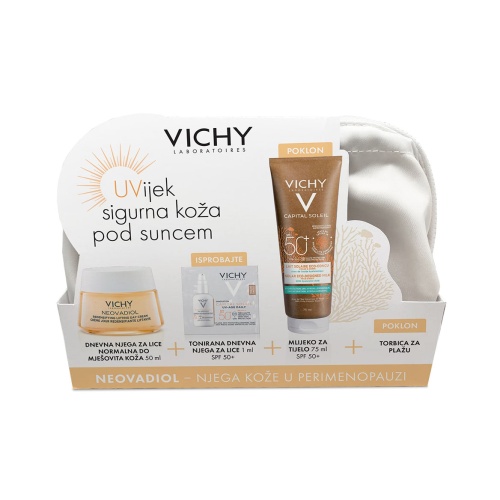 VICHY Summer set Neovadiol Dnevna njega u perimenopauzi 50 ml + Capital Soleil UV-age Daily Tonirani vodeni fluid SPF50+ 1 ml + Capital Soleil Eko mlijeko SPF50+ 75 ml + torbica za plažu