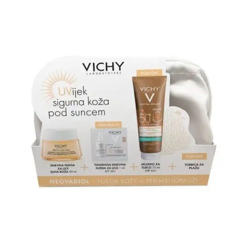 Vichy Summer Set Neovadiol Dnevna njega u perimenopauzi 50 ml + Capital Soleil UV-Age Daily Tonirani vodeni fluid SPF50+ 1 ml +  Capital Soleil Eko mlijeko za tijelo SPF50+ 75 ml + torbica za plažu
