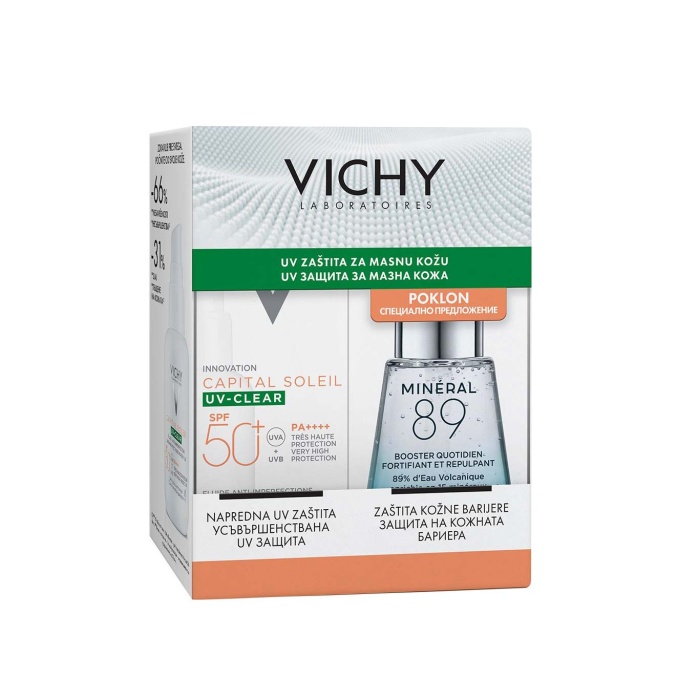 Vichy set Capital Soleil UV-clear fluid protiv nepravilnosti SPF 50+ 40 ml + Mineral 89 booster 30 ml PROMO