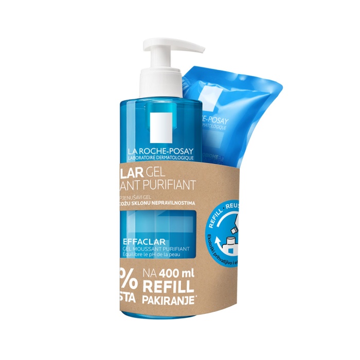 La Roche Posay Effaclar Pjenušavi gel za čišćenje masne, osjetljive kože sklone aknama 400 ml + REFILL PAKOVANJE 400 ml