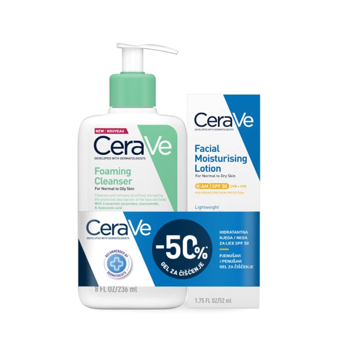 CeraVe Pjenušavi gel za čišćenje za normalnu do masnu kožu 236 ml + CeraVe Hidratantna njega za lice za normalnu do suhu kožu SPF50 52 ml