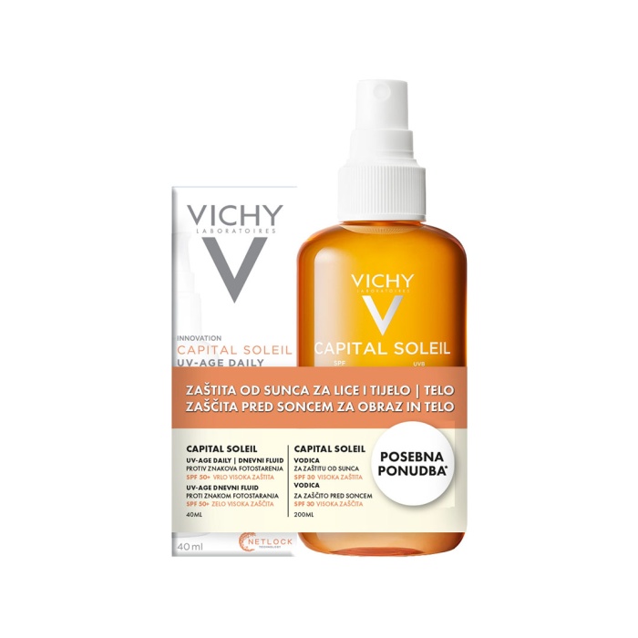 Vichy Capital Soleil UV-Age Daily vodeni fluid SPF50+ 40ml + Vodica za naglašen ten za lice i tijelo SPF30 200ml